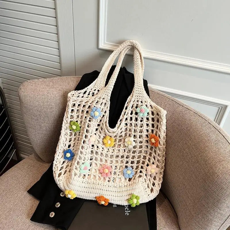 Women'S Bohemian Hollow Knitted Shoulder Bag, Harajuku Style Floral Design Large Capacity for Beach and Casual Use