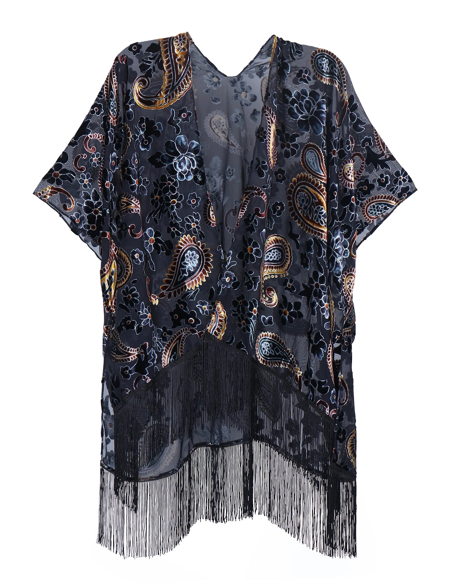 -Fashion Burnout Velvet Kimono with Tassels, Womens Burnout Velvet Kimono Duster, Holiday Casual Kimonos Cardigan