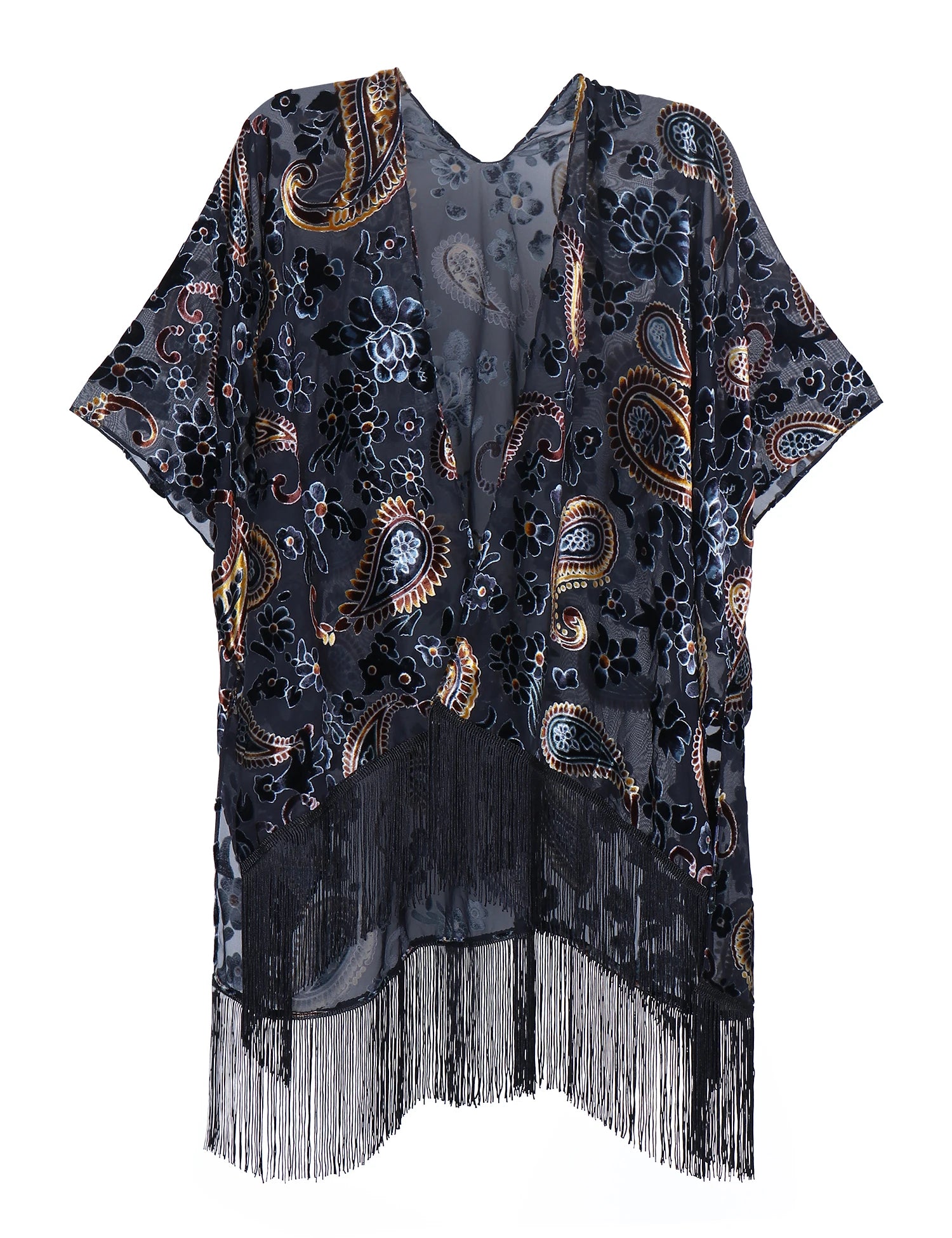 -Fashion Burnout Velvet Kimono with Tassels, Womens Burnout Velvet Kimono Duster, Holiday Casual Kimonos Cardigan