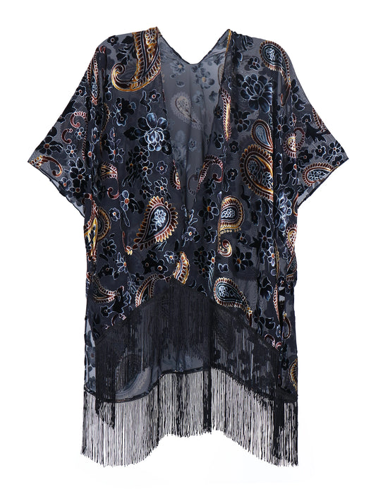 -Fashion Burnout Velvet Kimono with Tassels, Womens Burnout Velvet Kimono Duster, Holiday Casual Kimonos Cardigan