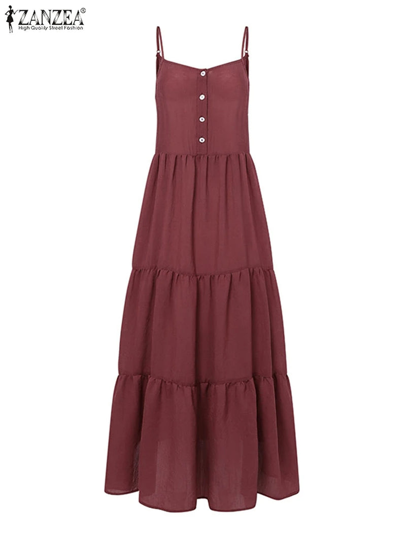 Summer Women Spaghetti Strap Holiday Midi Dress 2024  Stylish Solid Ruffles Sundress Elegant Casual A-Line Party Vestidos