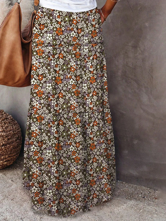 2025 New Bohemian Style Printed Women'S Skirt, with Elastic Belt Design and Pockets