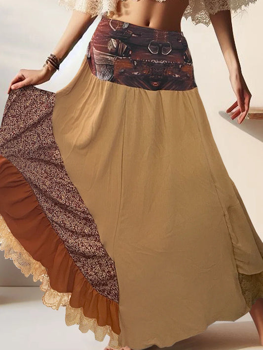 Retro High Waist Patchwork A-Line Pleated Long Skirt 2024 Summer Women'S Casual Skirt Elegant Street Ladies High Waist Skirt