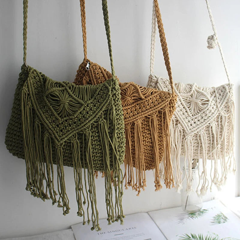 Handmade Cotton Woven Knitted Tassel Crossbody Bag Vintage Shoulder Messenger Bag Female Fashion Beach Summer Handbags for Women