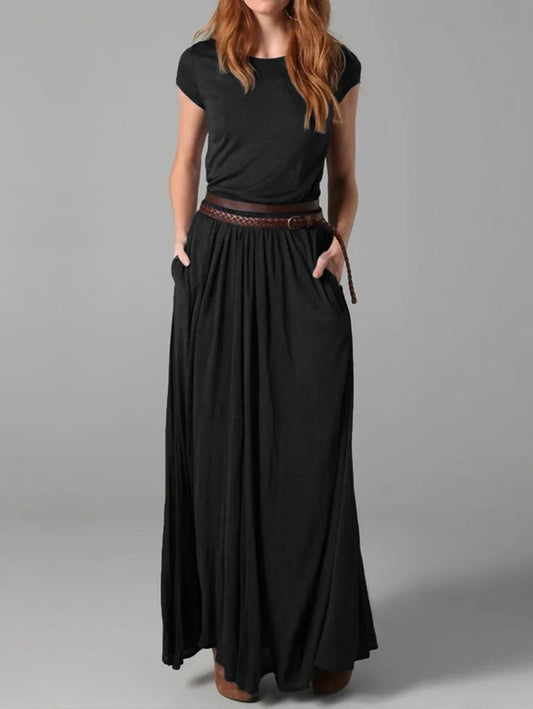Minimalist Solid Dress for Women Ethnic Short Sleeve Casual Soft round Neck Vintage Slim Women Summer Dress 2025