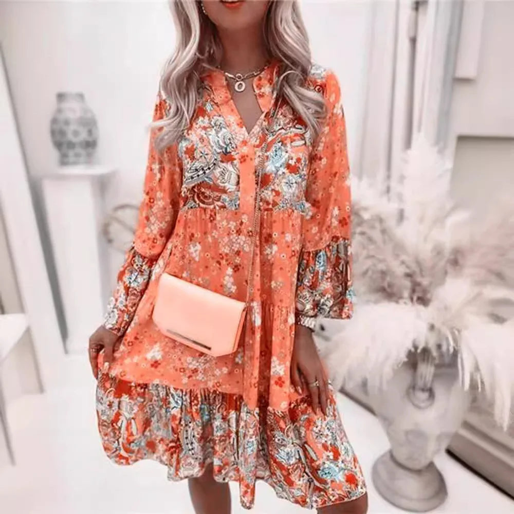Women'S Casual Floral Print Dress Bohemian V-Neck Loose A-Line Dress Elegant Beach Vacation Style Party Dress Robe Women'S Style