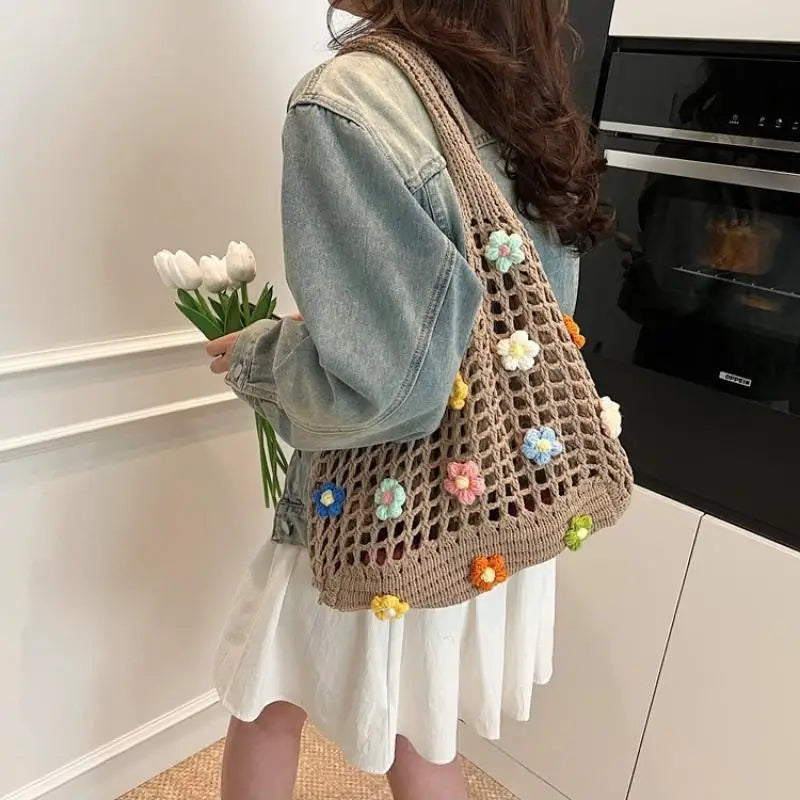 Women'S Bohemian Hollow Knitted Shoulder Bag, Harajuku Style Floral Design Large Capacity for Beach and Casual Use