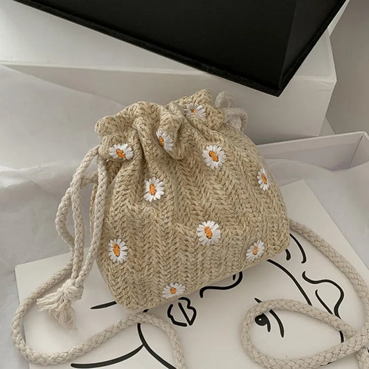 Straw Weave Bucket Bags Rattan Women Summer Beach Shoulder Bags Handbags Totes Casual Handbags Retro Mini Shoulder Messenger Bag