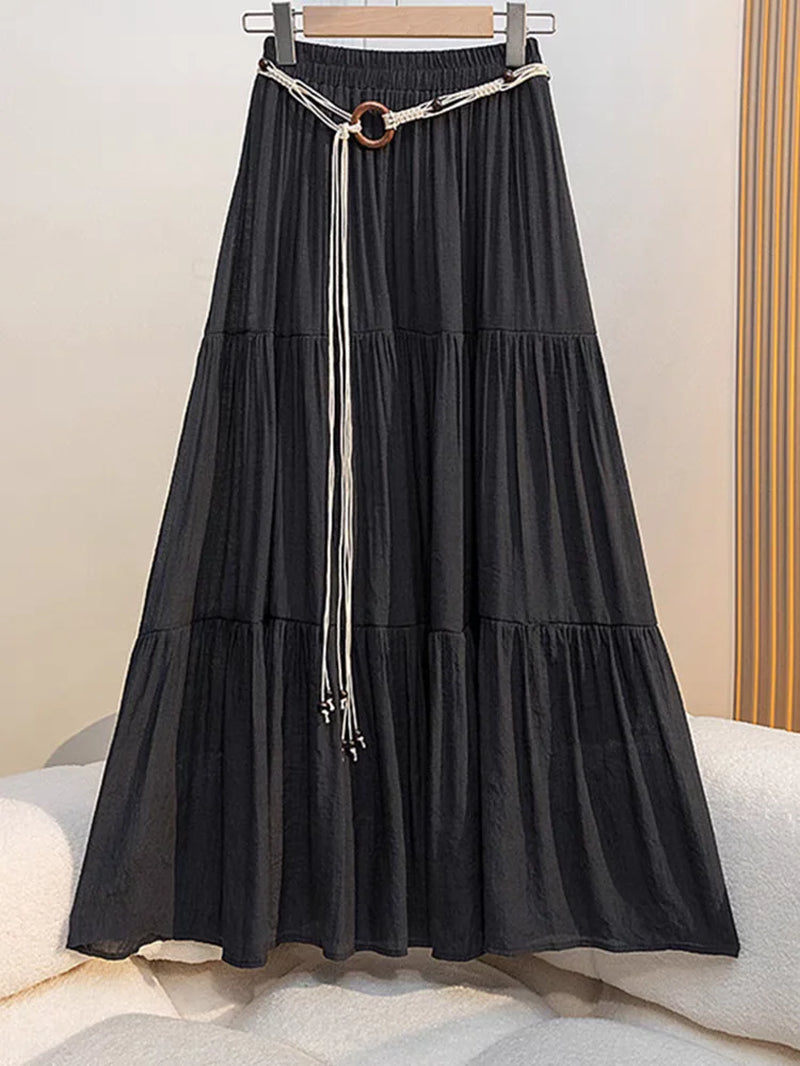 Boho Summer Cotton-Linen Midi Skirt: Flowy A-Line Pleated Long Skirt with Slimming Fit & Hip-Hiding Design for Resort Vacations