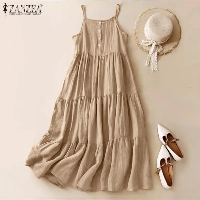Summer Women Spaghetti Strap Holiday Midi Dress 2024  Stylish Solid Ruffles Sundress Elegant Casual A-Line Party Vestidos