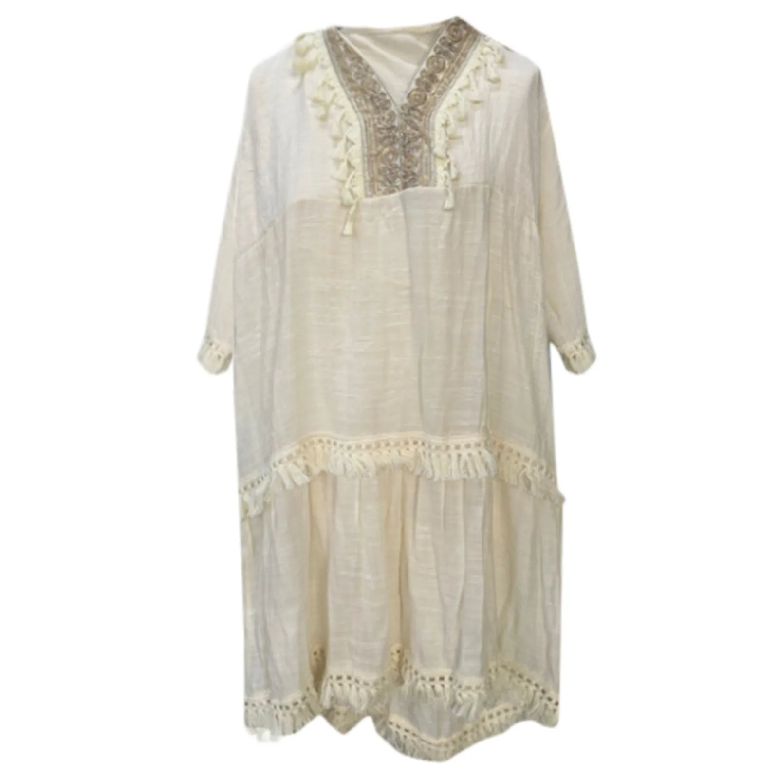 Vintage Embroidered Women Boho Dresses Summer Loose Fit Half Sleeve Tassels Sundress Casual Cotton Linen Lace Panel Midi Dress