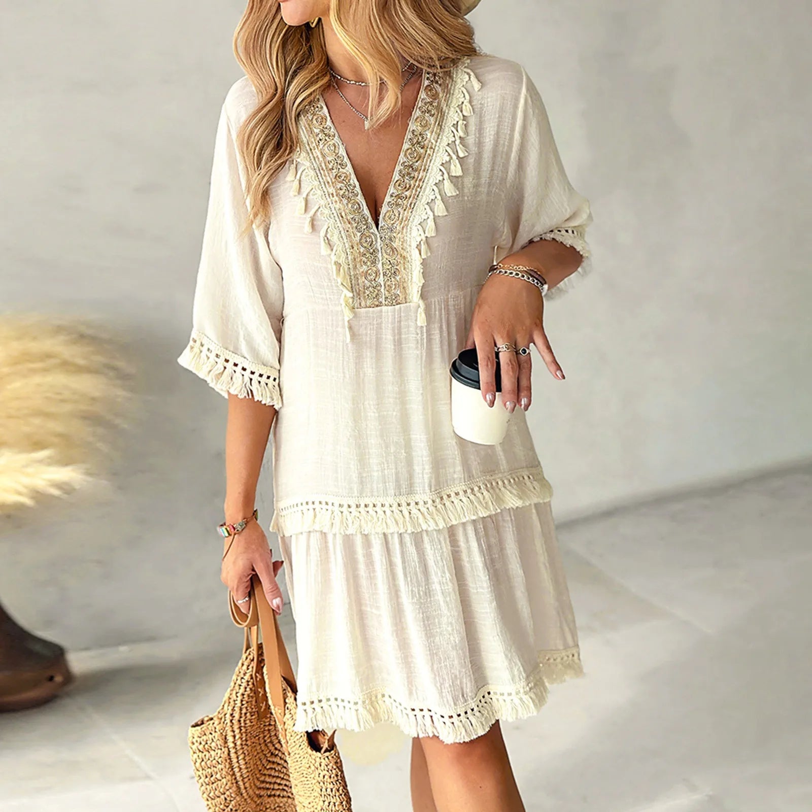 Vintage Embroidered Women Boho Dresses Summer Loose Fit Half Sleeve Tassels Sundress Casual Cotton Linen Lace Panel Midi Dress