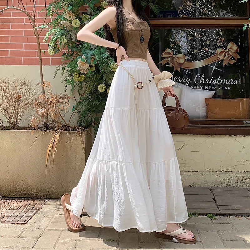 Boho Summer Cotton-Linen Midi Skirt: Flowy A-Line Pleated Long Skirt with Slimming Fit & Hip-Hiding Design for Resort Vacations