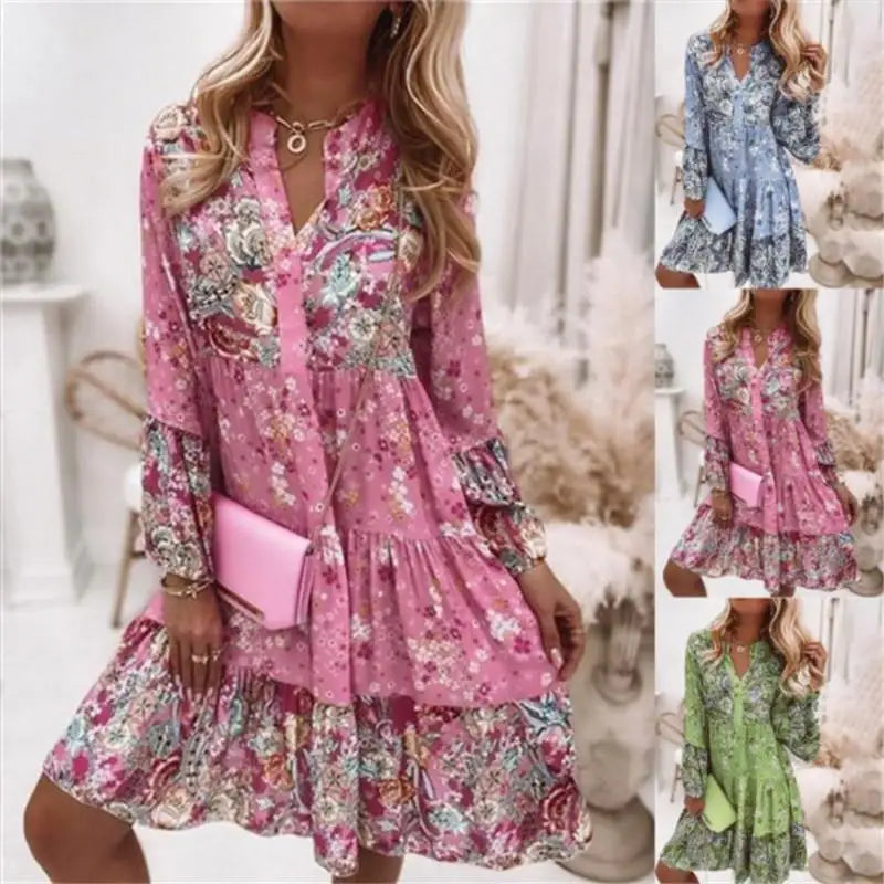 Women'S Casual Floral Print Dress Bohemian V-Neck Loose A-Line Dress Elegant Beach Vacation Style Party Dress Robe Women'S Style