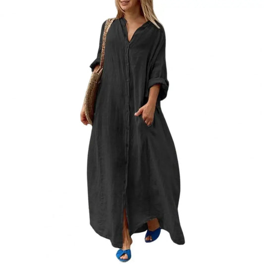 Women A-Line Dress Elegant Maxi Dress with V Neck Pockets for Women Soft Breathable Ankle Length Summer for Spring