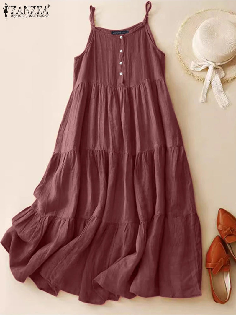 Summer Women Spaghetti Strap Holiday Midi Dress 2024  Stylish Solid Ruffles Sundress Elegant Casual A-Line Party Vestidos