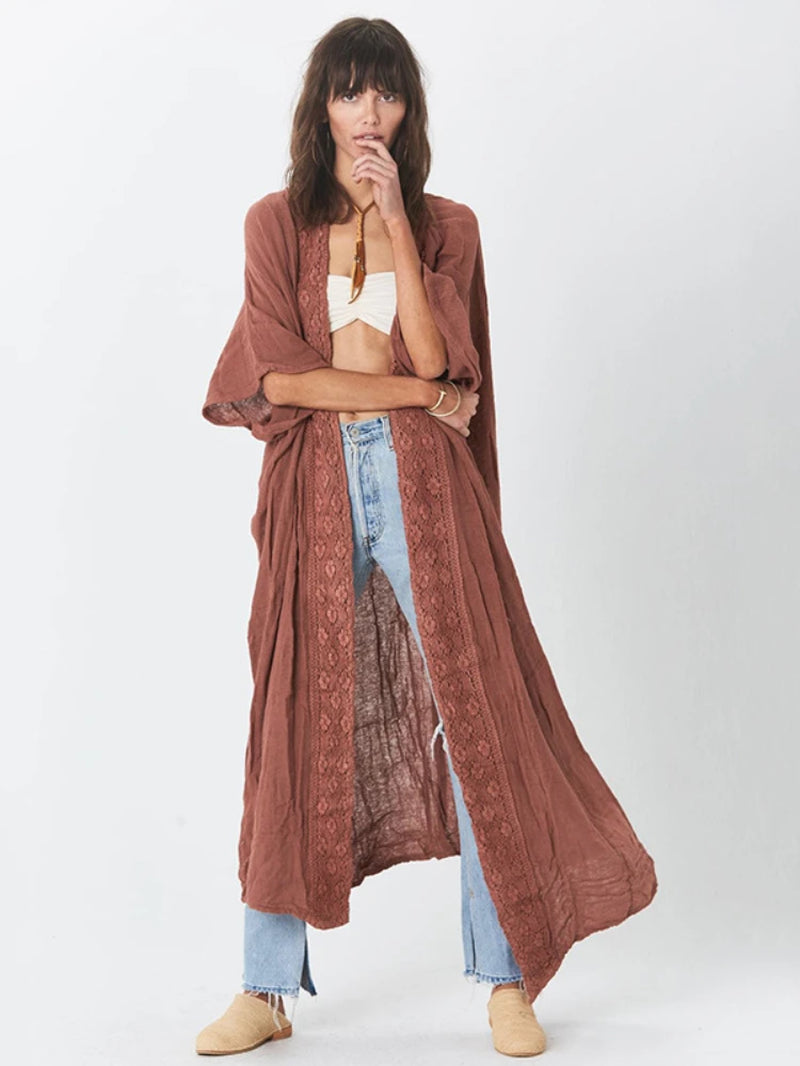 Beach Cover up Women Kimono Lace Trim Bohemian Swimsuit Cape Casual Solid Pareo Summer Beachwear Bathing Suits Outfits