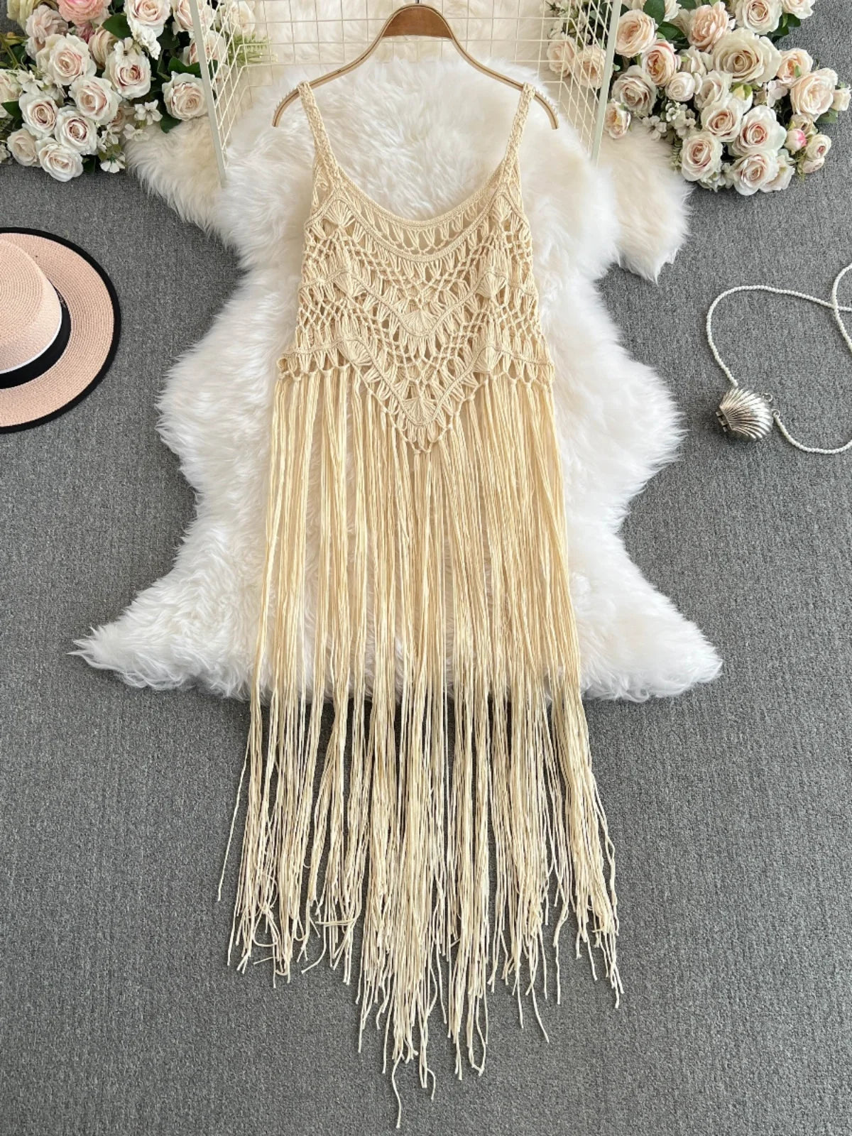N Ethnic Knitted Long Dr with Tassel Ba Handmade Crochet Hollow Out Layered Outerwear Women'S Summer Midi Dr