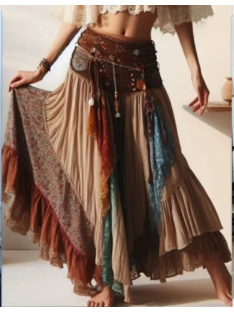 Retro High Waist Patchwork A-Line Pleated Long Skirt 2024 Summer Women'S Casual Skirt Elegant Street Ladies High Waist Skirt