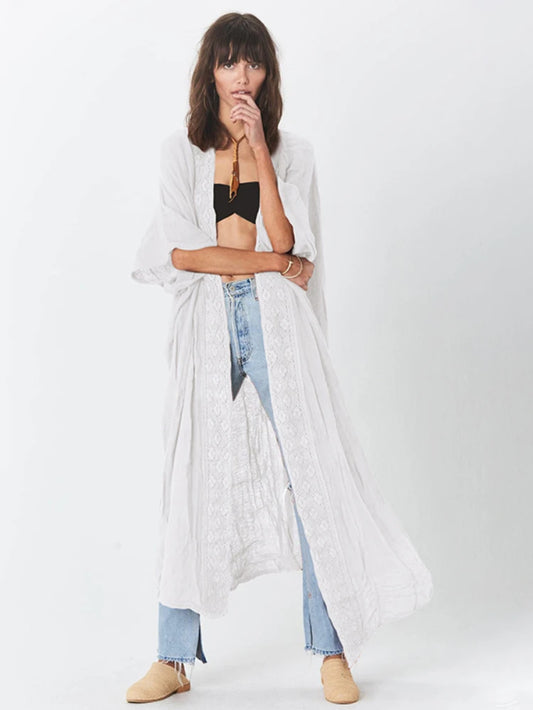 Beach Cover up Women Kimono Lace Trim Bohemian Swimsuit Cape Casual Solid Pareo Summer Beachwear Bathing Suits Outfits