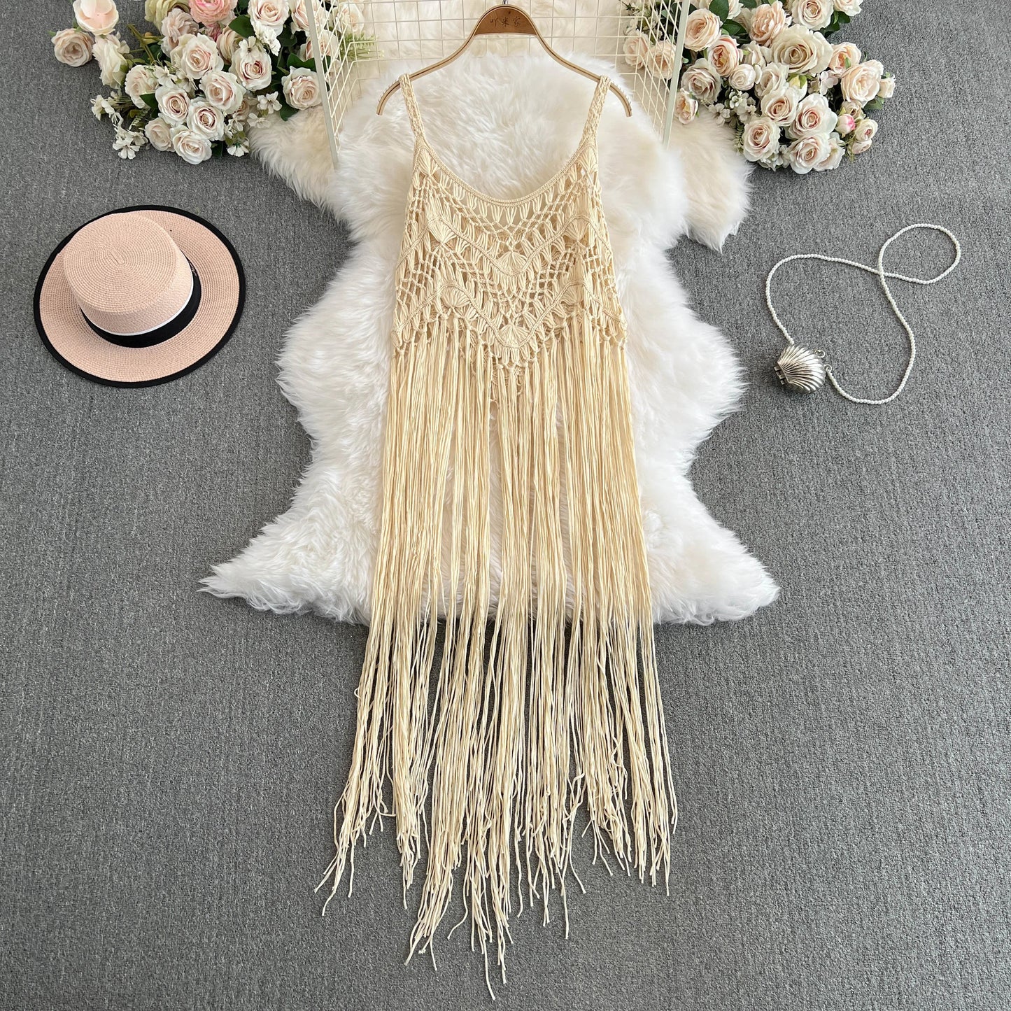 N Ethnic Knitted Long Dr with Tassel Ba Handmade Crochet Hollow Out Layered Outerwear Women'S Summer Midi Dr