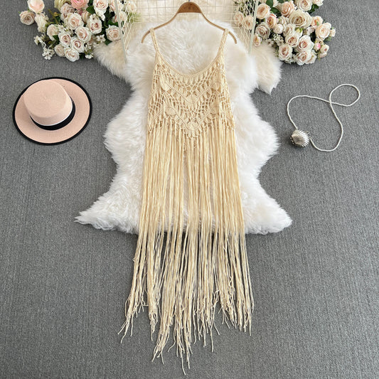 N Ethnic Knitted Long Dr with Tassel Ba Handmade Crochet Hollow Out Layered Outerwear Women'S Summer Midi Dr