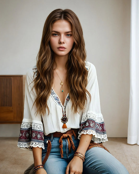 Women'S Bohemian Blouse Chic Ethnic Style Retro Sexy V-Neck Long Sleeve Pullover Shirt Casual Vintage Indie Folk Fashion Shirt