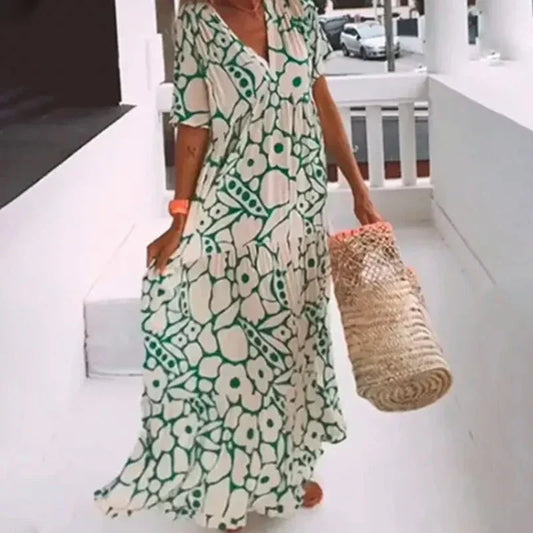Summer Women'S Printed Short-Sleeved Dress Fashion V-Neck High Waist Casual Loose Swing Dress Holiday Beach Party Sundress