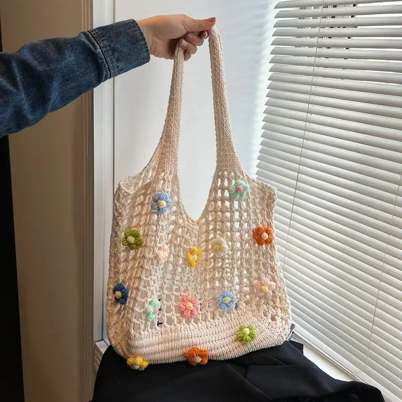 Women'S Bohemian Hollow Knitted Shoulder Bag, Harajuku Style Floral Design Large Capacity for Beach and Casual Use