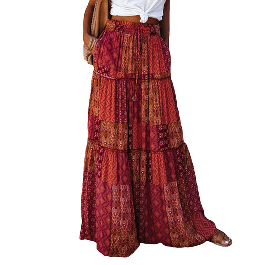 Women'S Summer Bohemian Y2K Retro Drawstring Elastic High Waist Casual Loose A-Line Swing Long Skirt with Pockets