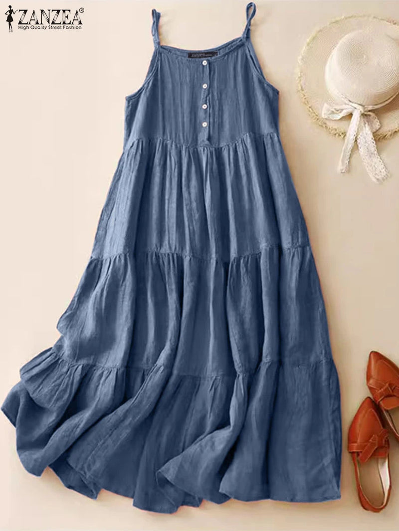 Summer Women Spaghetti Strap Holiday Midi Dress 2024  Stylish Solid Ruffles Sundress Elegant Casual A-Line Party Vestidos