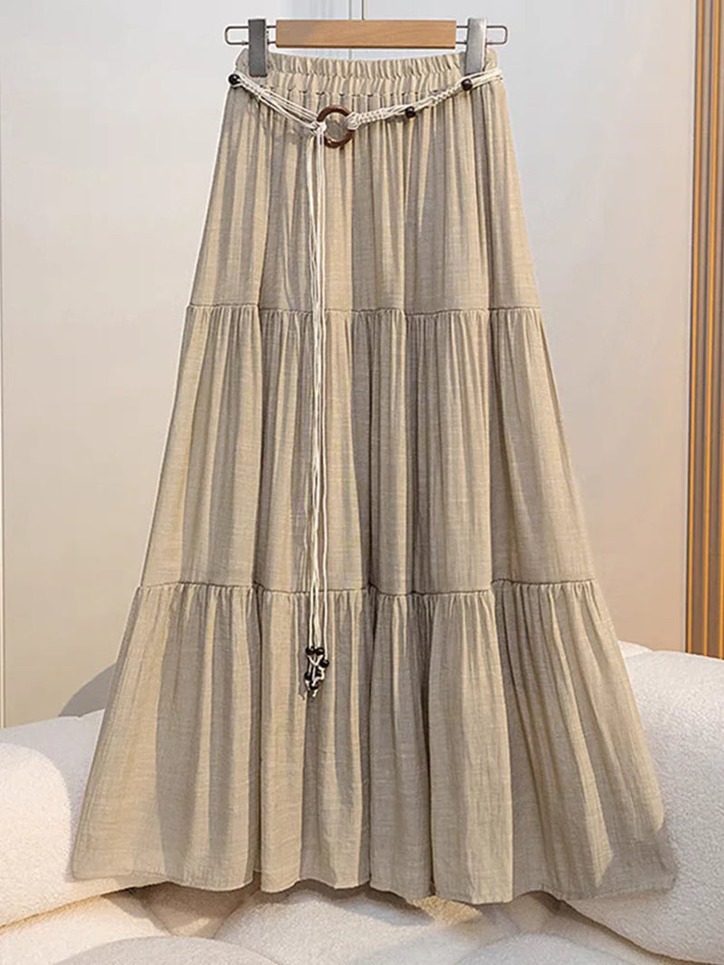 Boho Summer Cotton-Linen Midi Skirt: Flowy A-Line Pleated Long Skirt with Slimming Fit & Hip-Hiding Design for Resort Vacations