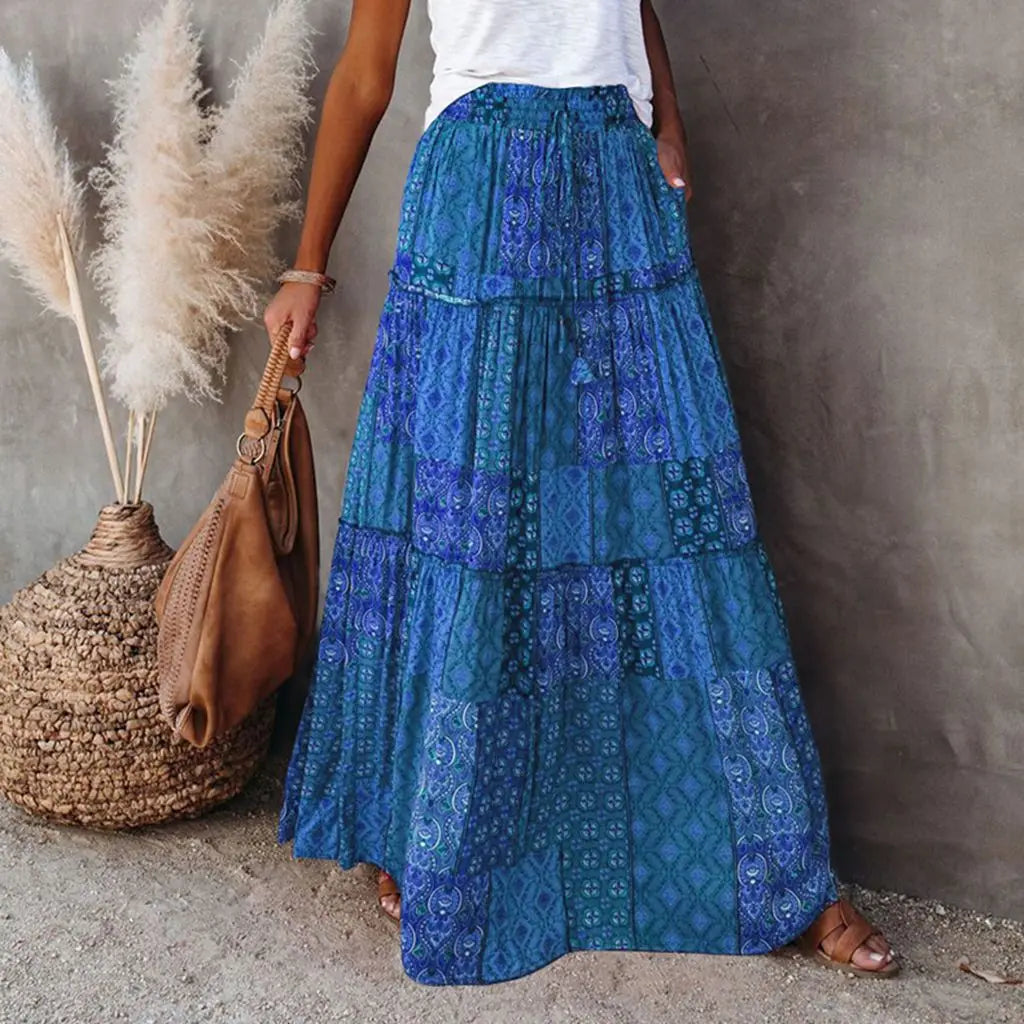 Women'S Summer Bohemian Y2K Retro Drawstring Elastic High Waist Casual Loose A-Line Swing Long Skirt with Pockets