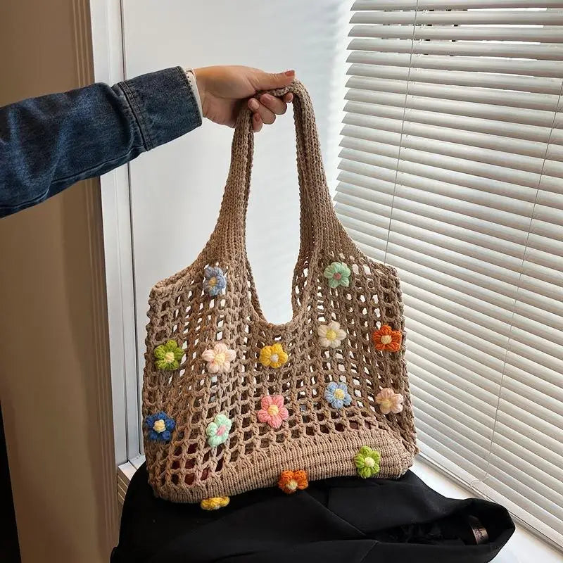 Women'S Bohemian Hollow Knitted Shoulder Bag, Harajuku Style Floral Design Large Capacity for Beach and Casual Use