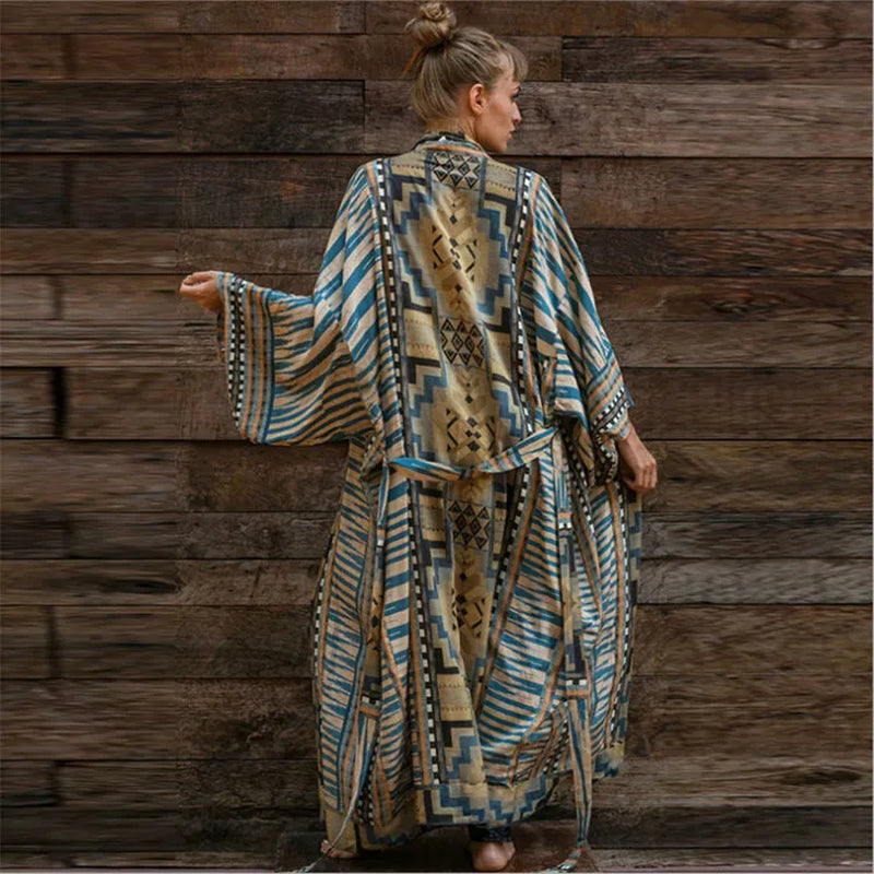 Boho Beach Robe Cotton Orange Ethnic Floral Print Kimono Vestidos Women Long Sleeve Tunic Top Blouses Cover up Boho