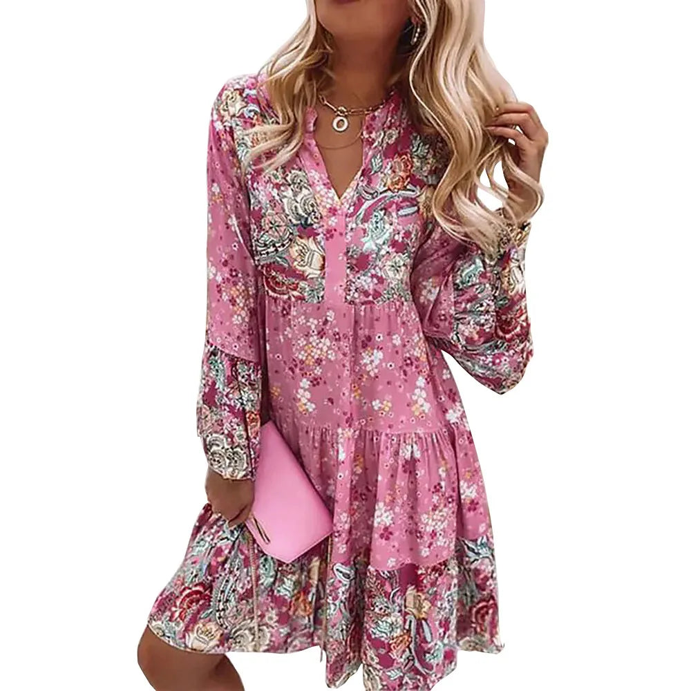 Women'S Casual Floral Print Dress Bohemian V-Neck Loose A-Line Dress Elegant Beach Vacation Style Party Dress Robe Women'S Style