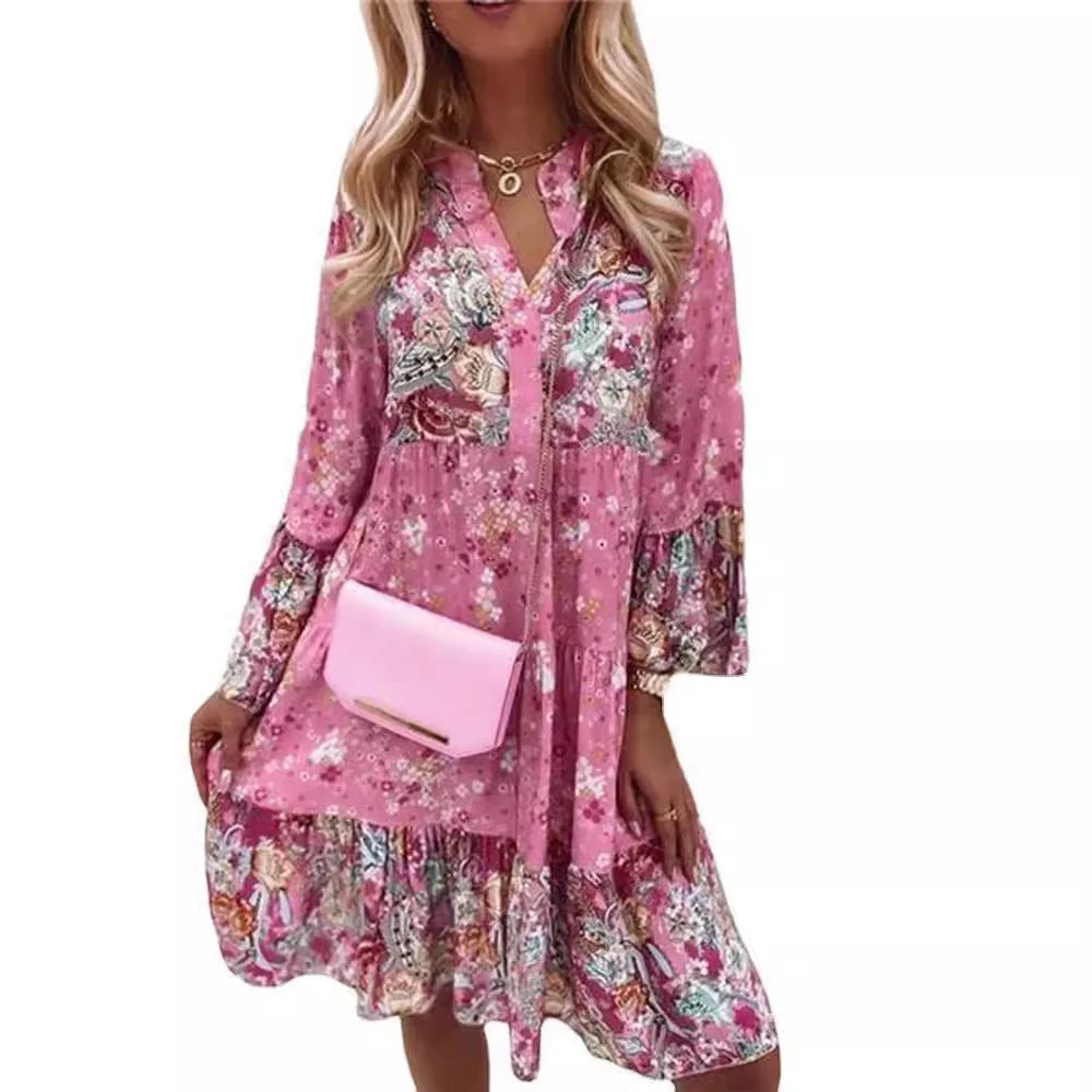Women'S Casual Floral Print Dress Bohemian V-Neck Loose A-Line Dress Elegant Beach Vacation Style Party Dress Robe Women'S Style