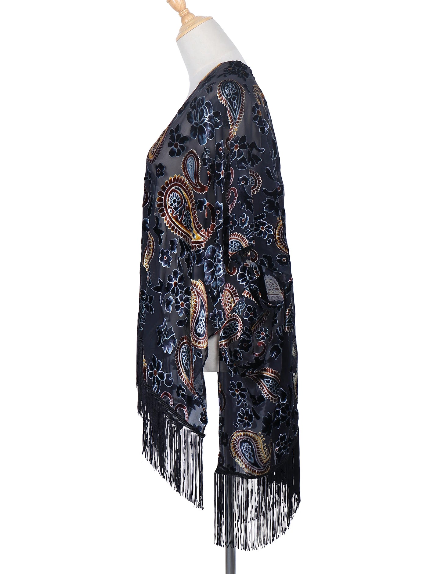 -Fashion Burnout Velvet Kimono with Tassels, Womens Burnout Velvet Kimono Duster, Holiday Casual Kimonos Cardigan