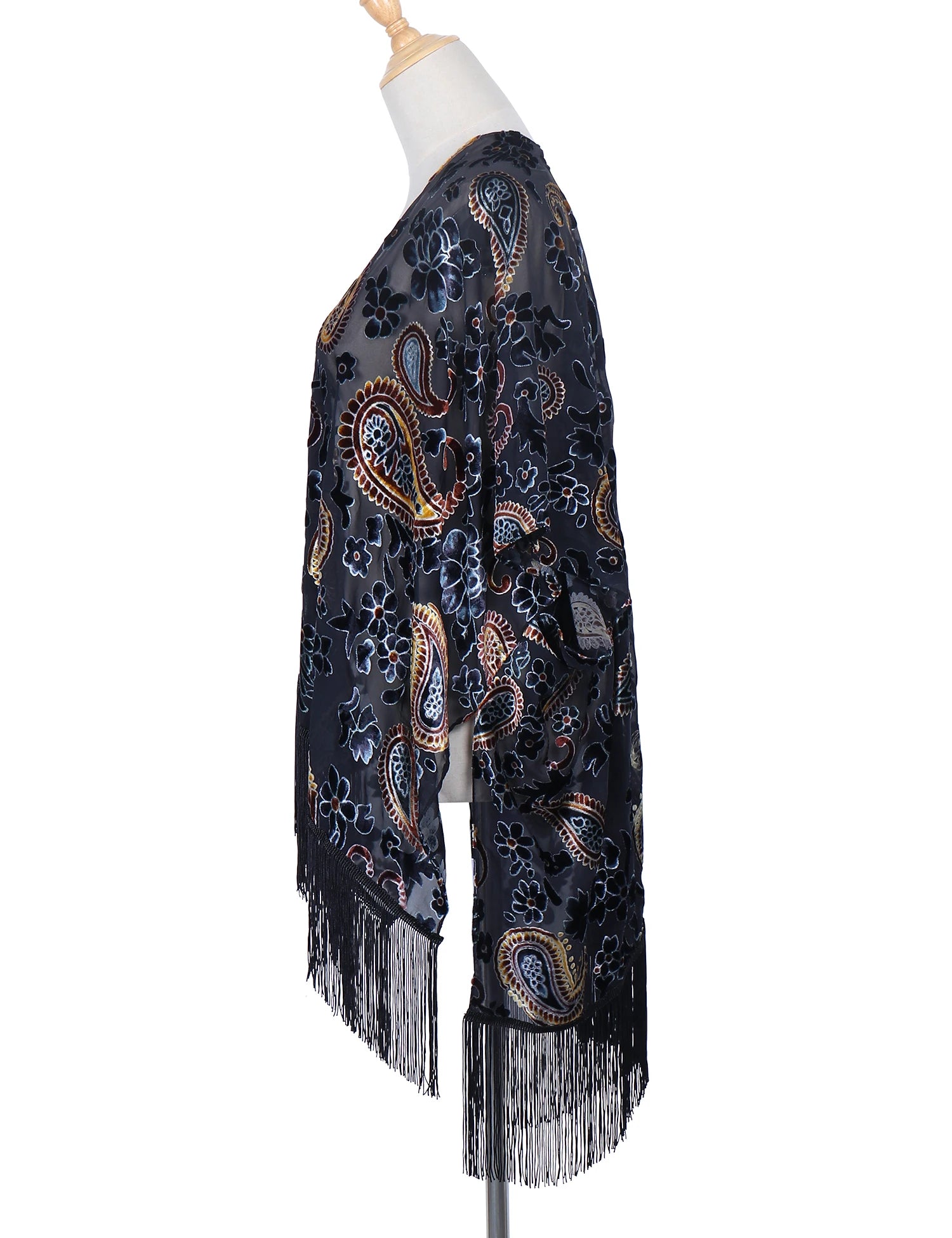 -Fashion Burnout Velvet Kimono with Tassels, Womens Burnout Velvet Kimono Duster, Holiday Casual Kimonos Cardigan