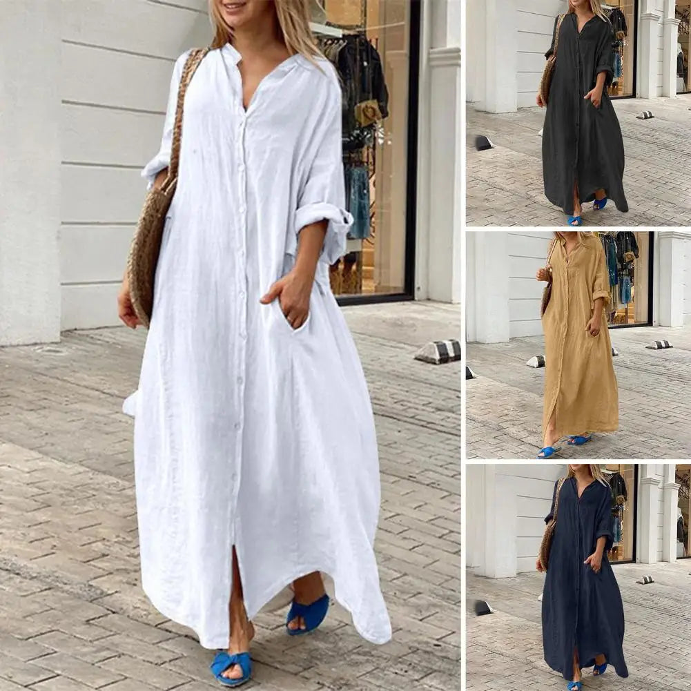 Women A-Line Dress Elegant Maxi Dress with V Neck Pockets for Women Soft Breathable Ankle Length Summer for Spring