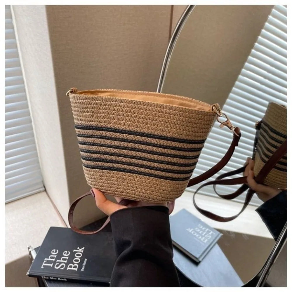 Summer Straw Tote Bags Casual Vacation Beach Crossbody Bag Large Capacity Handmade Women'S Bucket Bag