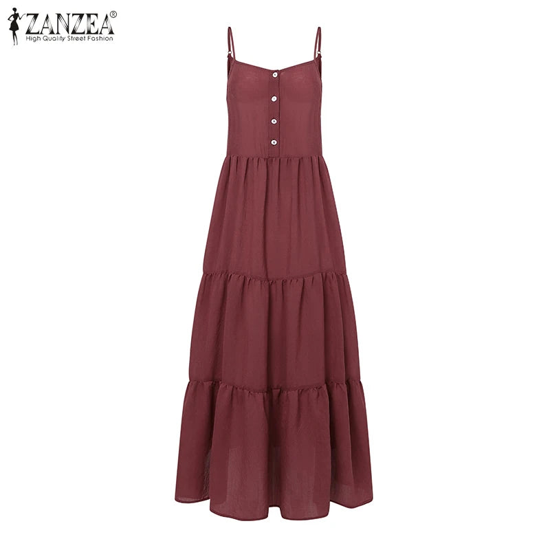 Summer Women Spaghetti Strap Holiday Midi Dress 2024  Stylish Solid Ruffles Sundress Elegant Casual A-Line Party Vestidos