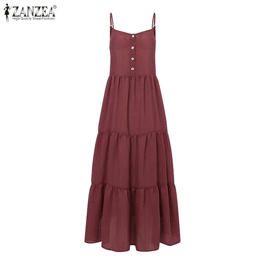 Summer Women Spaghetti Strap Holiday Midi Dress 2024  Stylish Solid Ruffles Sundress Elegant Casual A-Line Party Vestidos