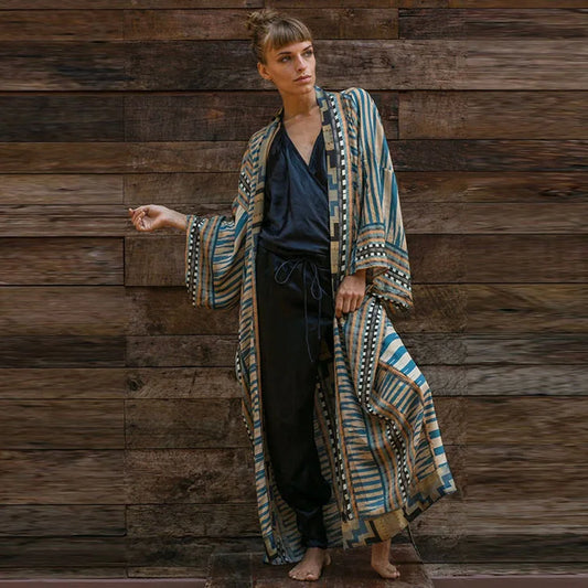 Boho Beach Robe Cotton Orange Ethnic Floral Print Kimono Vestidos Women Long Sleeve Tunic Top Blouses Cover up Boho