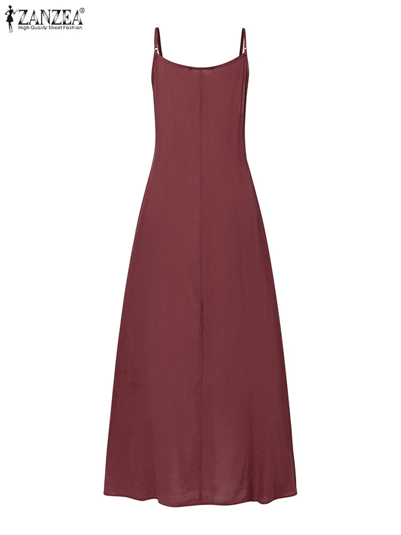 Summer Women Spaghetti Strap Holiday Midi Dress 2024  Stylish Solid Ruffles Sundress Elegant Casual A-Line Party Vestidos