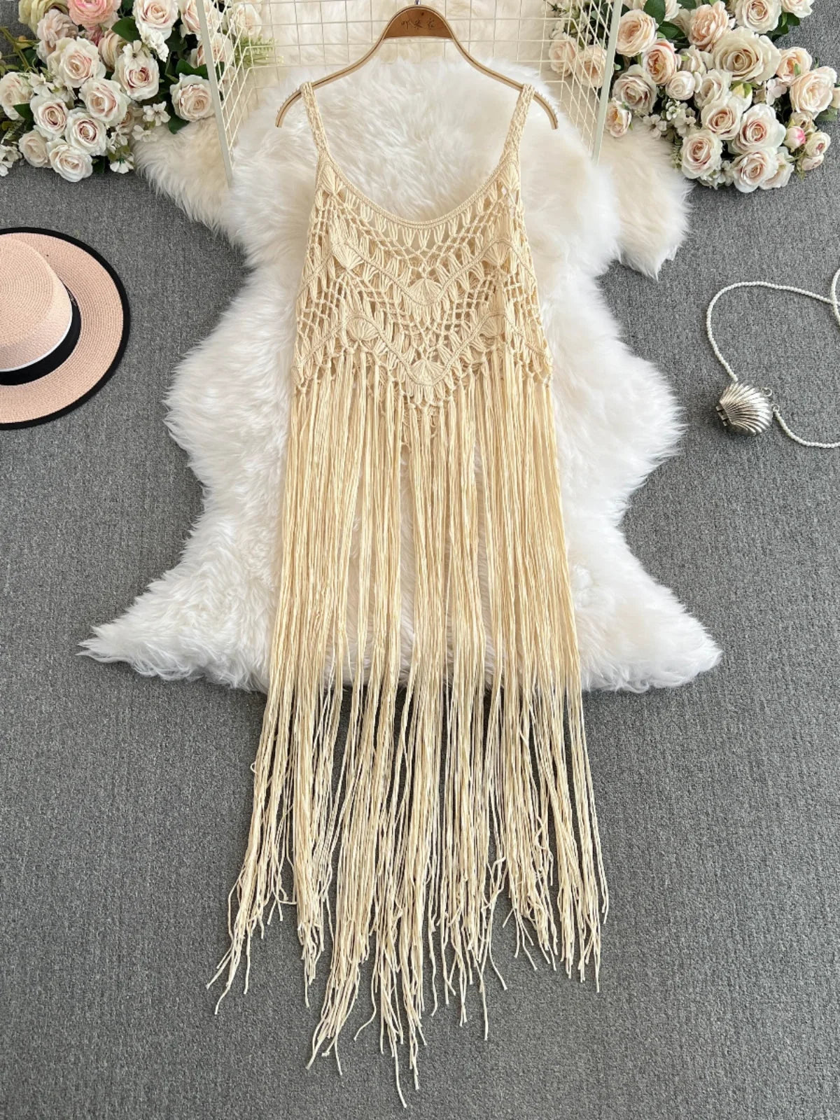 N Ethnic Knitted Long Dr with Tassel Ba Handmade Crochet Hollow Out Layered Outerwear Women'S Summer Midi Dr
