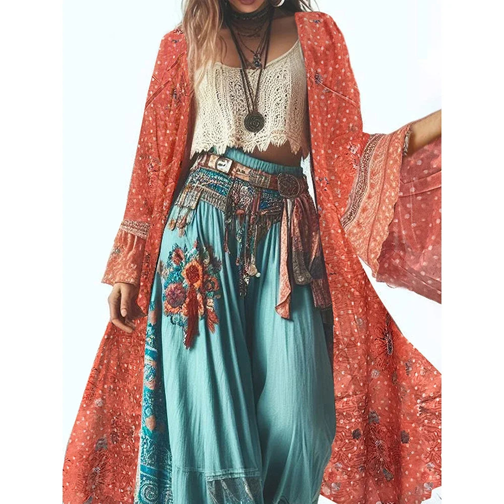 Women’S Boho Long Sleeve Cardigans Chiffon Bohemian Printed Puff Sleeves Summer Fit Mid-Length Vintage Sunscreen Female Outwears