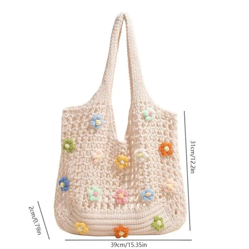 Women'S Bohemian Hollow Knitted Shoulder Bag, Harajuku Style Floral Design Large Capacity for Beach and Casual Use