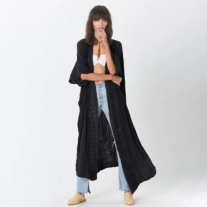 Beach Cover up Women Kimono Lace Trim Bohemian Swimsuit Cape Casual Solid Pareo Summer Beachwear Bathing Suits Outfits