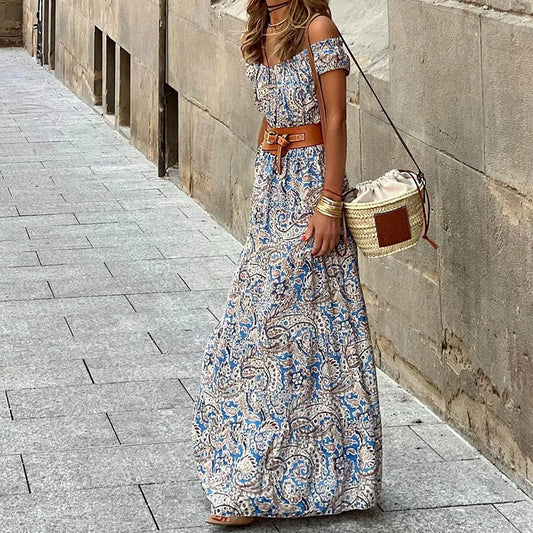 Women Elegant off Shoulder Slash Neck Long Dress Summer Floral Print A-Line Short Sleeve Bohemian Sundress with Belt